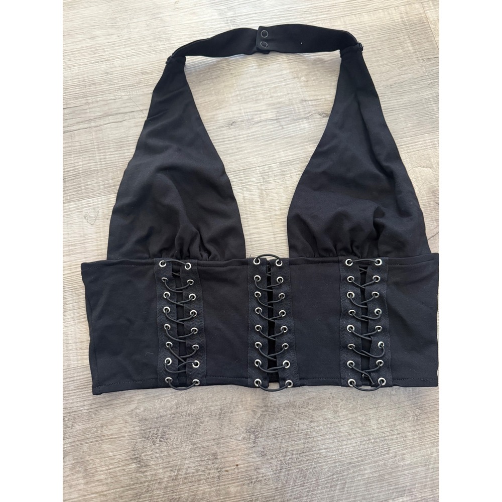 Fashion‎ Nova Black Lace-Up Grommet Halter Top - Size Large